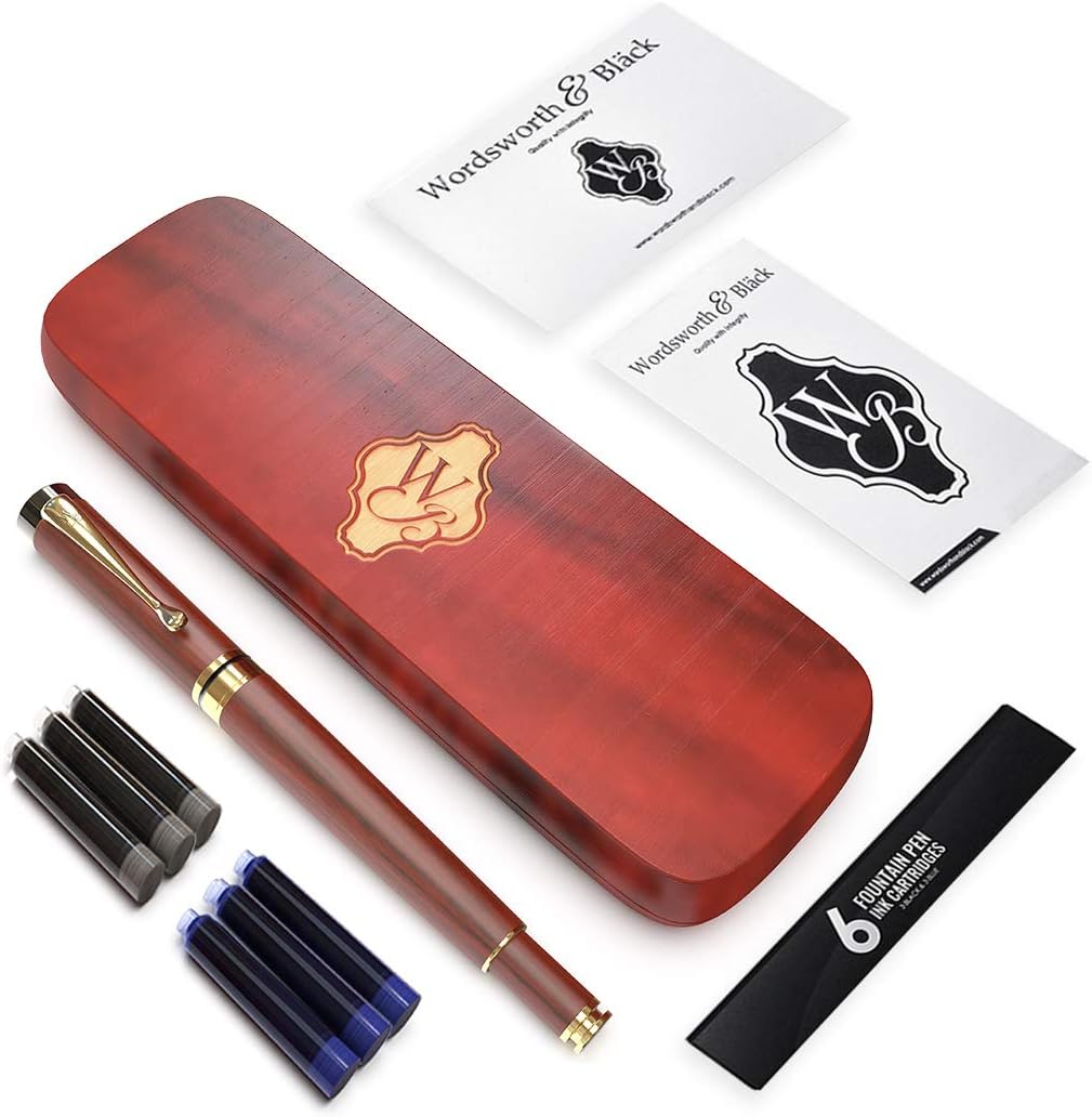 Wordsworth & Black Fountain Pen Set, Luxury Bamboo Wood, Medium Nib, Gift Case; Includes 6 Ink Cartridges - Image 3