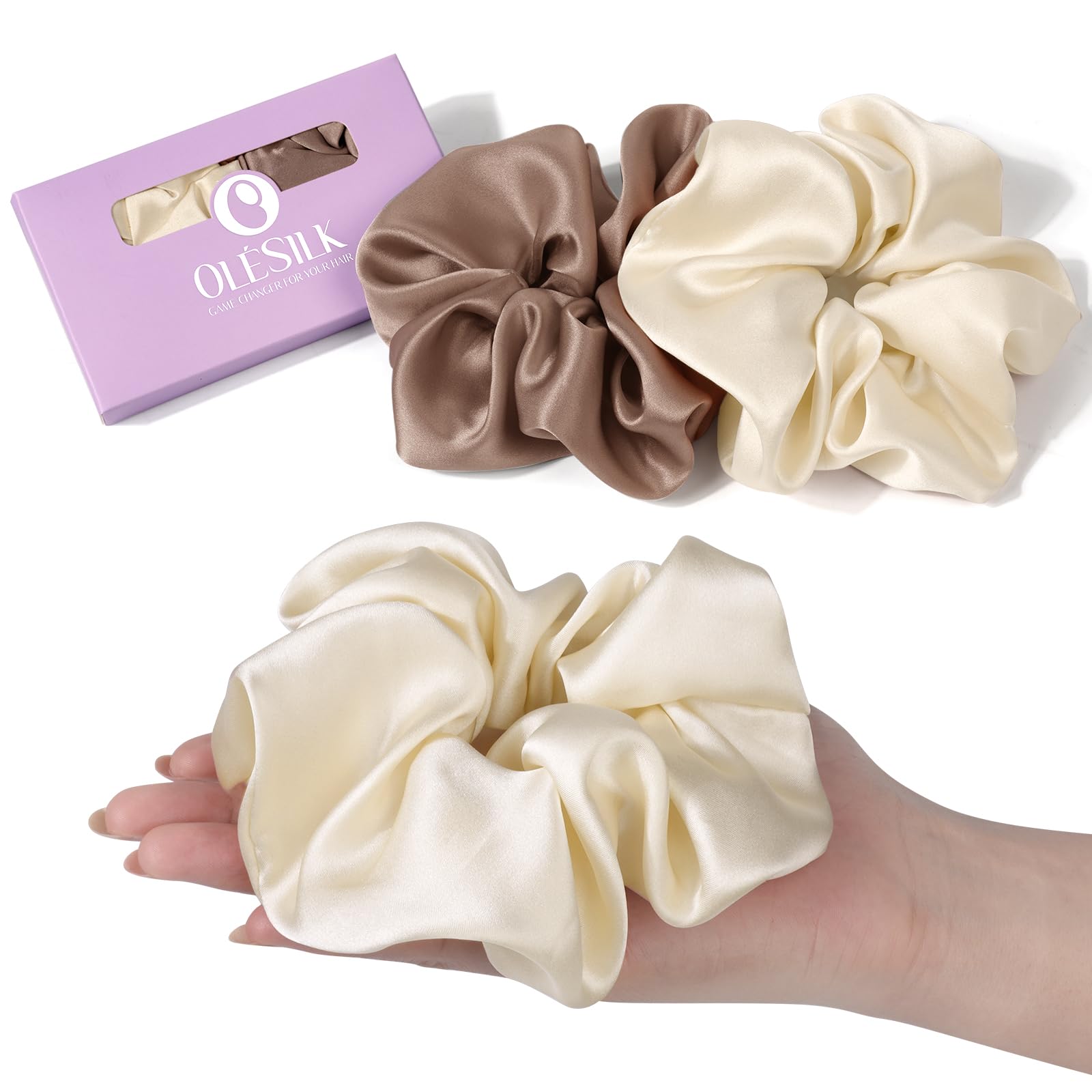 Photo 1 of OLESILK Silk Scrunchies Oversized 100% Mulberry: Large for Long Thick Hair, Soft and Smooth for No Damage Hair Care Sleeping, Vintage Fashion
