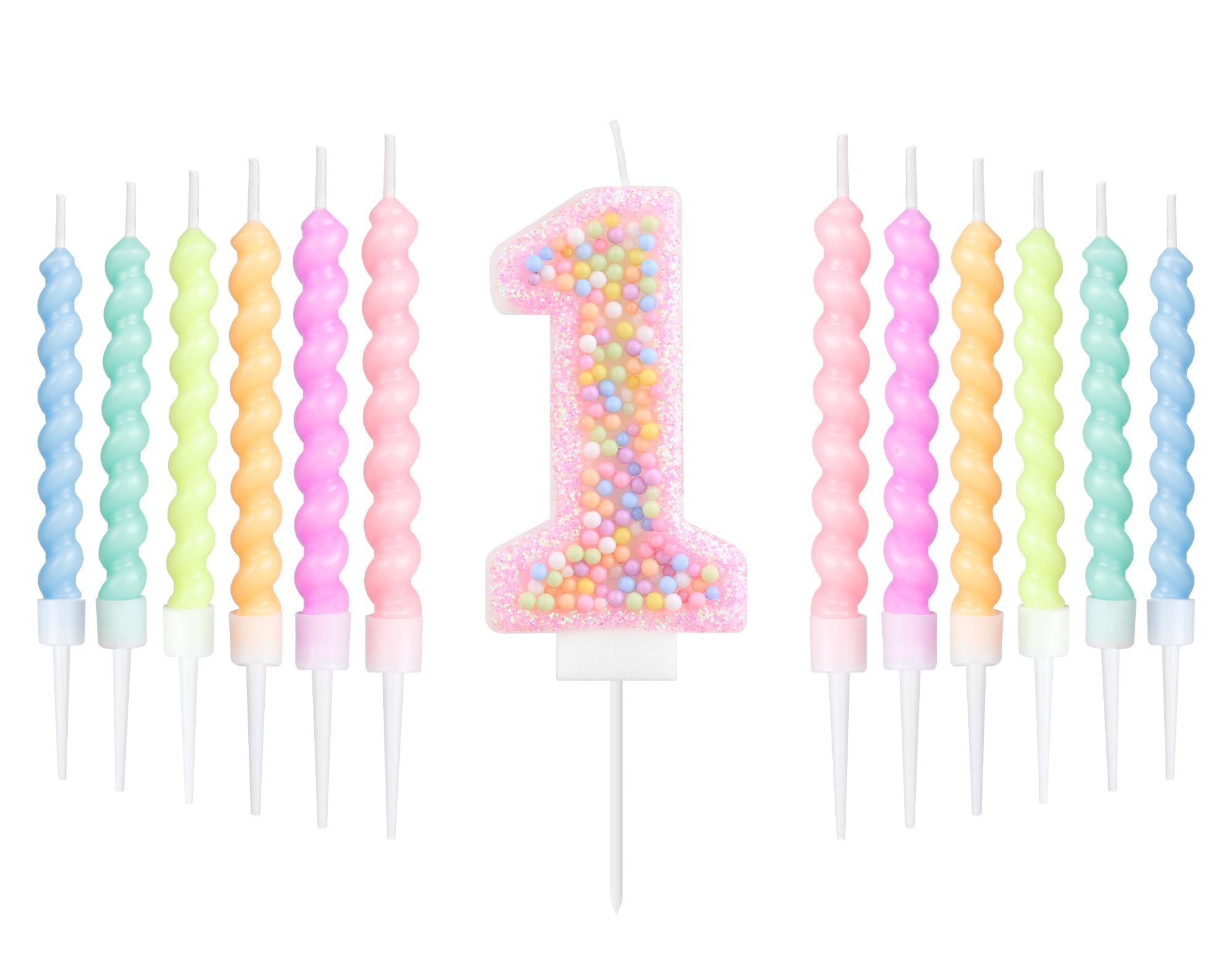 mciskin Macaron 1st Birthday Candle Set, Girls First Birthday Decorations,12pcs Pastel Spiral & Number 1 Candles for Cake,Rainbow Cake Topper for Macaron Themed Party Decoration,Baby Showers Supplies — image 1