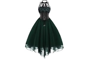 SHOPESSA Women's Sleeveless Gothic Dress with Corset Halter Lace Swing Cocktail Dress Formal Halloween Punk Hippie Dresses