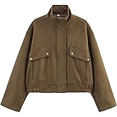 CUFEZN Womens Suede Bomber Jacket High Neck Casual Cropped Jackets Long Sleeve Zipper Streetwear Outerwear with Pockets