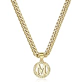 KissYan Gold Initial Necklace,14K Gold Plated Round Letter Pendant Hollow Capital Monogram 5mm Cuban Chain Necklace Alphabets from A-Z Dainty Jewelry for Women Men