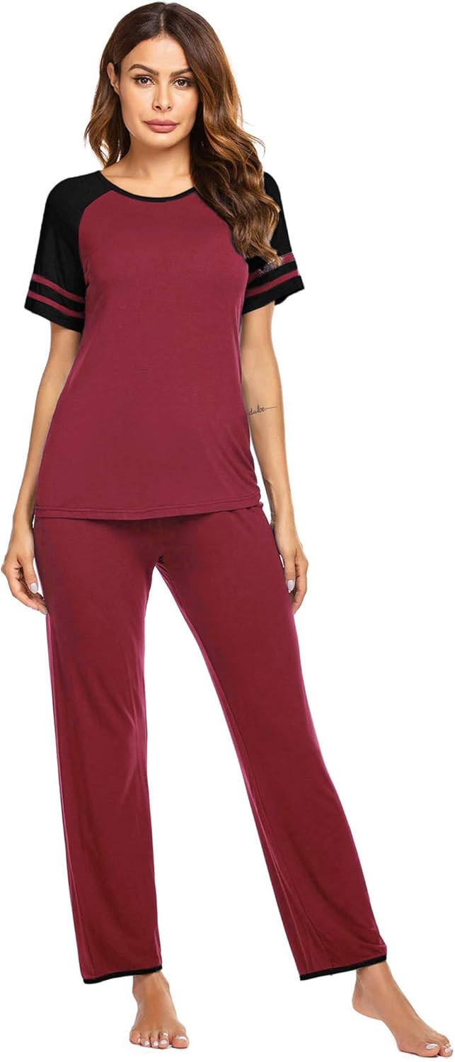 Ekouaer Lounge Sets Women Short Sleeve Top with Long Pants Pajamas Set