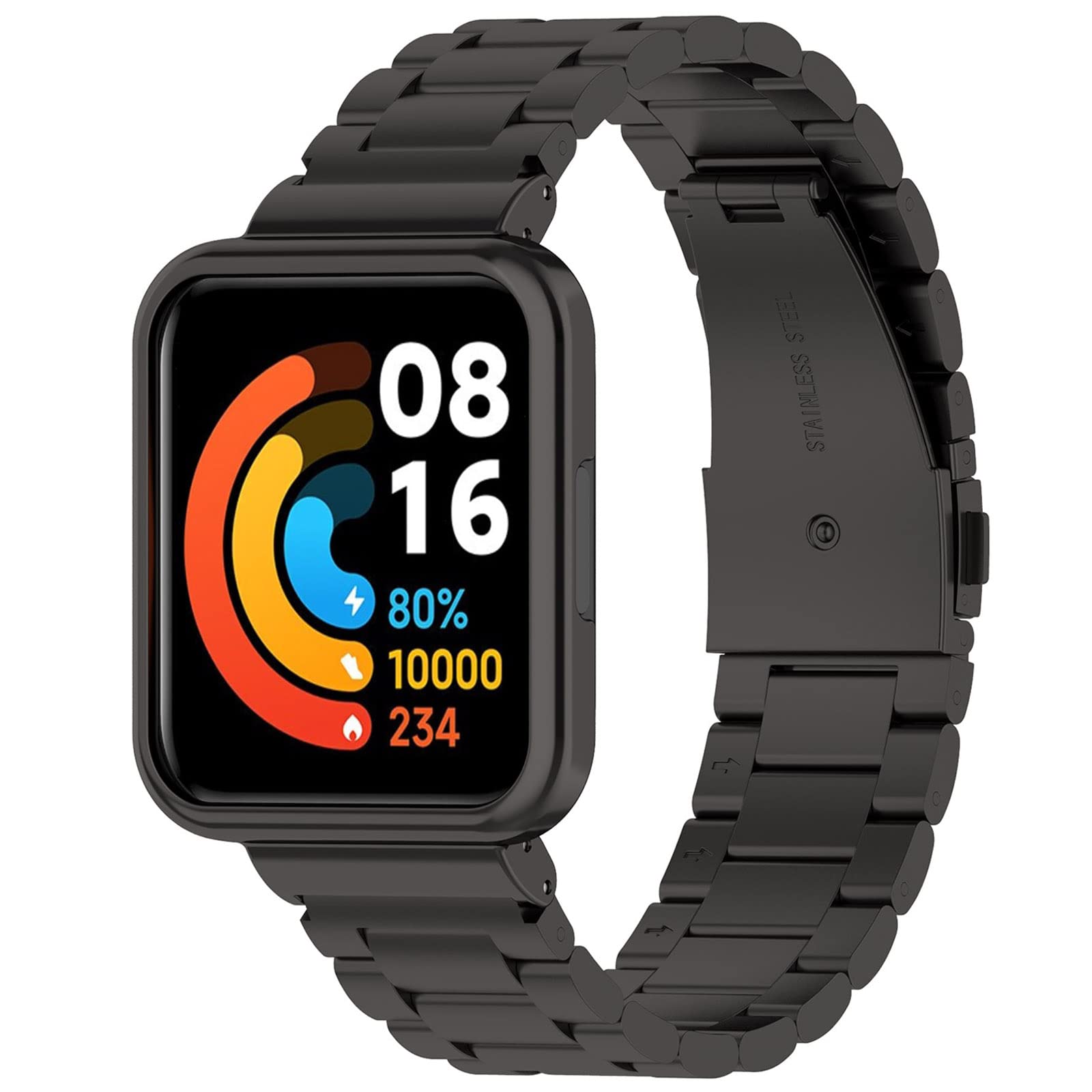 Miimall Metal Strap Compatible with Redmi Watch 2 Lite, with Stainless Steel Protective Case Metal Stainless Steel Wristband Adjustable Replacement Strap for Redmi watch 2 Lite-Black