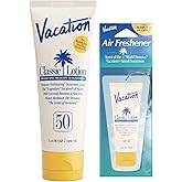 Vacation Classic Sunscreen Lotion SPF 50 & Air Freshener Bundle, Water-Resistant, Lightweight, Transparent on All Skin Tones, Dermatologist-Tested, Vegan, Travel Size, 3.4 Fl. Oz.