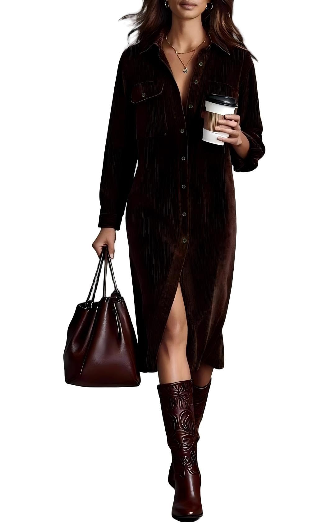 Photo 1 of Womens Corduroy Button Down Shirt Dress Lapel Long Sleeve Solid Color Casual Loose Midi Fall Spring Dresses