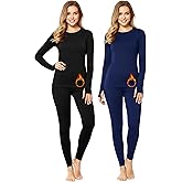 Patelai 2 Pack Womens Thermal Underwear Fleece Lined Base Layer Set Long Sleeves Cold Weather Top Bottom Winter Pajama Set