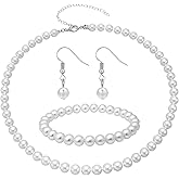 TIESOME Pearl Necklace Bracelet Earrings Set, Faux Pearl Jewelry Set Necklaces for Women White Costume Jewelry Accessories for Women Wedding Birthday Valentine Gifts(6mm)