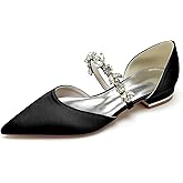 Pahelyin Women's Satin Wedding Flats Pointed Toe Pumps for Bride Rhinestones Bridal Shoes for Women Comfortable Evening Prom Party Dress Pumps