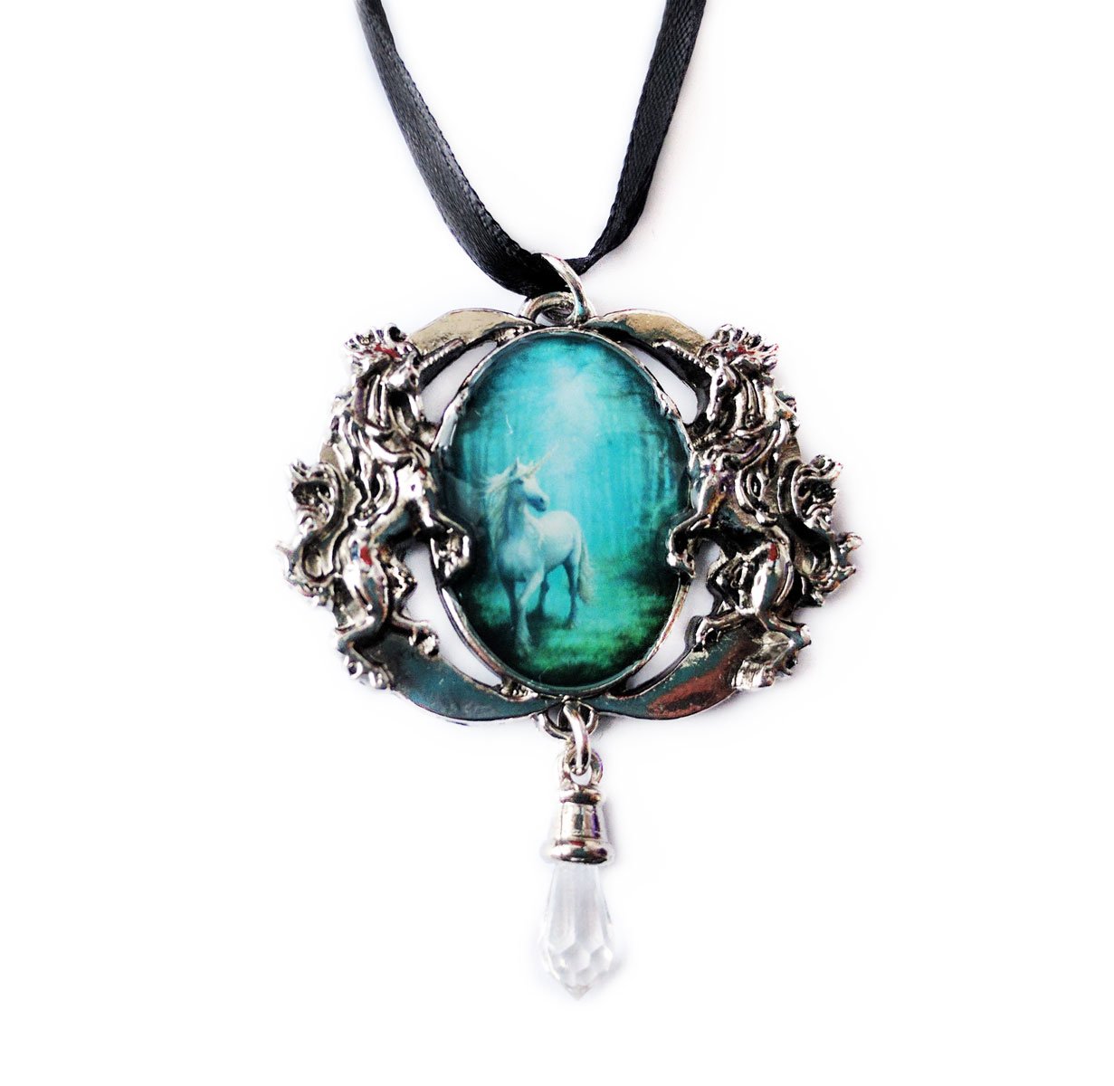 Forest Unicorn - Unicorn Cameo Oval Cabochon Style Pendant Necklace in Double Unicorn & Crescent Moon Setting with Dagger Style Manmade Crystal Dropper, Ribboned - Artwork by Anne Stokes