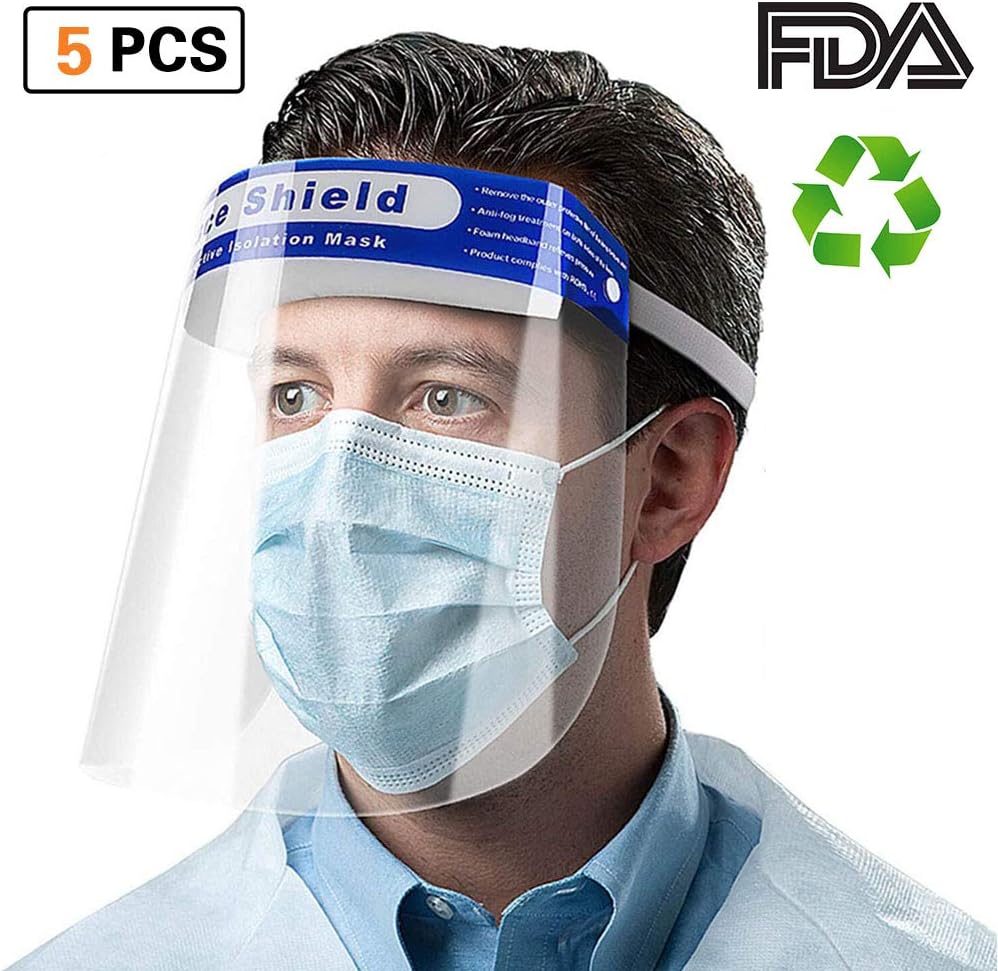5PCS Resuable Safety Face Shield, Anti-Splash Transparent Full Face Mask Visor with Eye & Head Protection, Adjustable Elastic Strip Facial Cover for Women Men