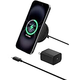 Belkin Magnetic Wireless Charging Pad Qi2 15W w/Kickstand - MagSafe-Compatible Qi2-Certified Wireless Charger for iPhone 17, Samsung Galaxy S25, AirPods, & More w/Power Supply Included - Black
