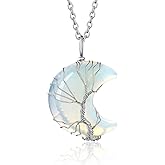 Bestyle Tree of Life Wrapped Healing Crystal Necklaces 12 Month Birthstone Pendant for Women, Crescent/Heart Gemstone Jewelry, Vintage Birthday Gifts/Energy Gift