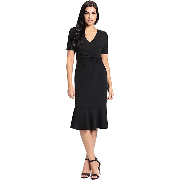 London Times Women's Dresses Short Sleeve Crepe Fit and Flare Midi with  Waist Button Detail at Amazon Women's Clothing store