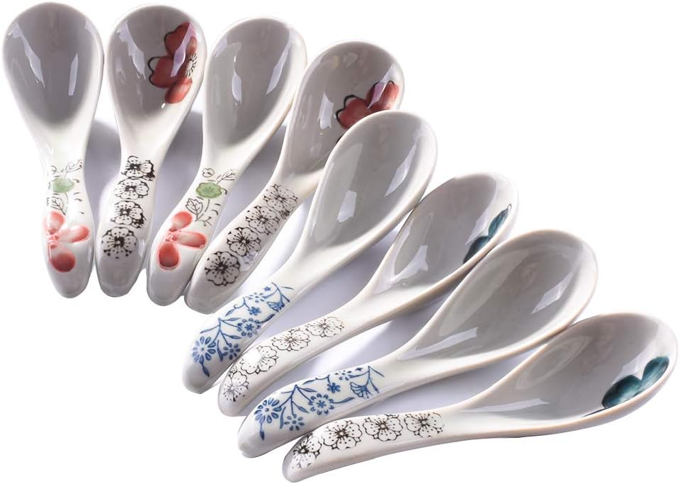 Japanese Style Soup Spoons set of 8, Ceramic Ramen Spoons Serving for Wonton, Salad, Porridge