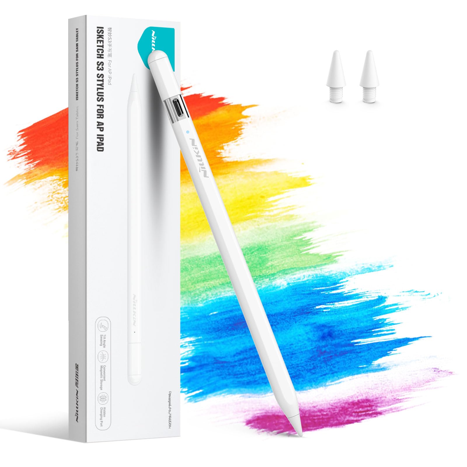 Nillkin for iPad Pen,Stylus Pen for iPad Pencil（2nd Generation）with Palm Rejection&Tilting Detection,Faster Charge[Hidden Charging Port],Compatible with iPad Air12.9/11, iPad Air 5/4-White
