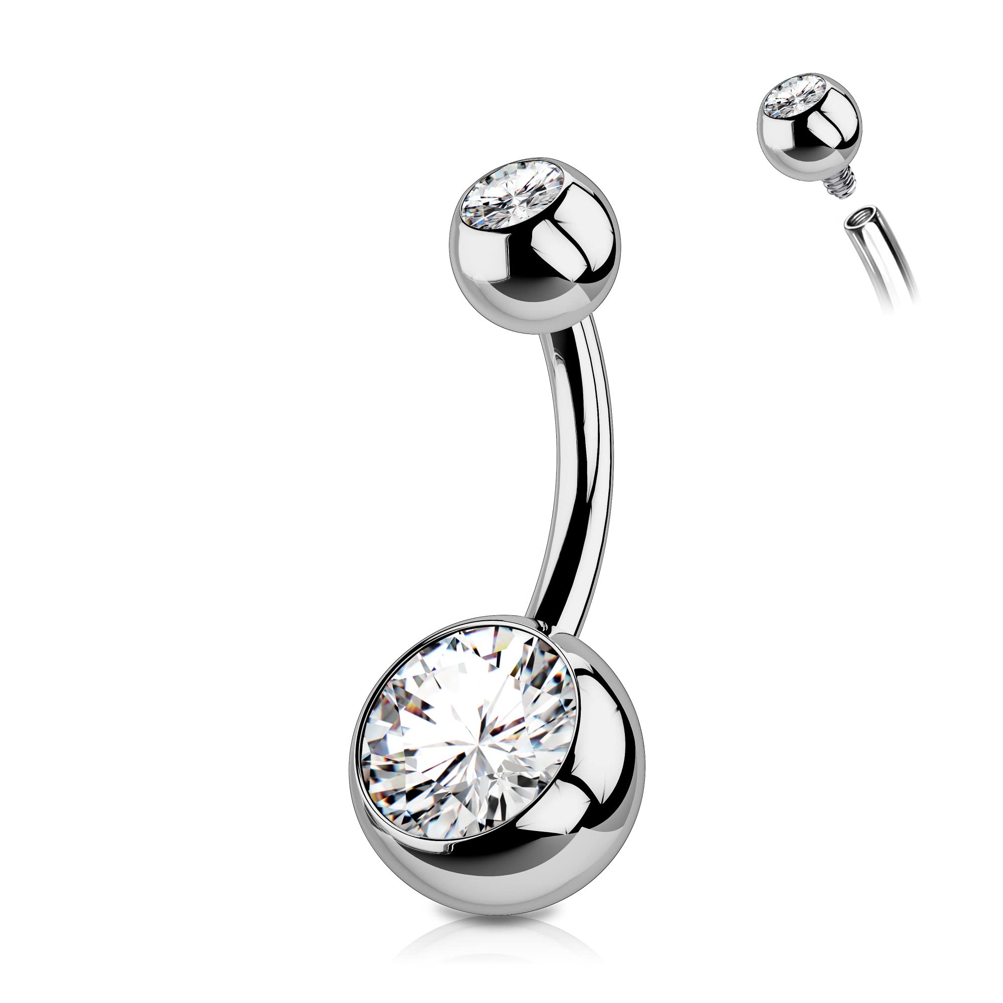 OUFER G23 Solid Titanium Belly Bars Balls 14G Internally Threaded 8 mm Short Navel Piercings Barbell Rings Double Clear CZ Gem 1.6mm No Dangle Belly Button Jewellery