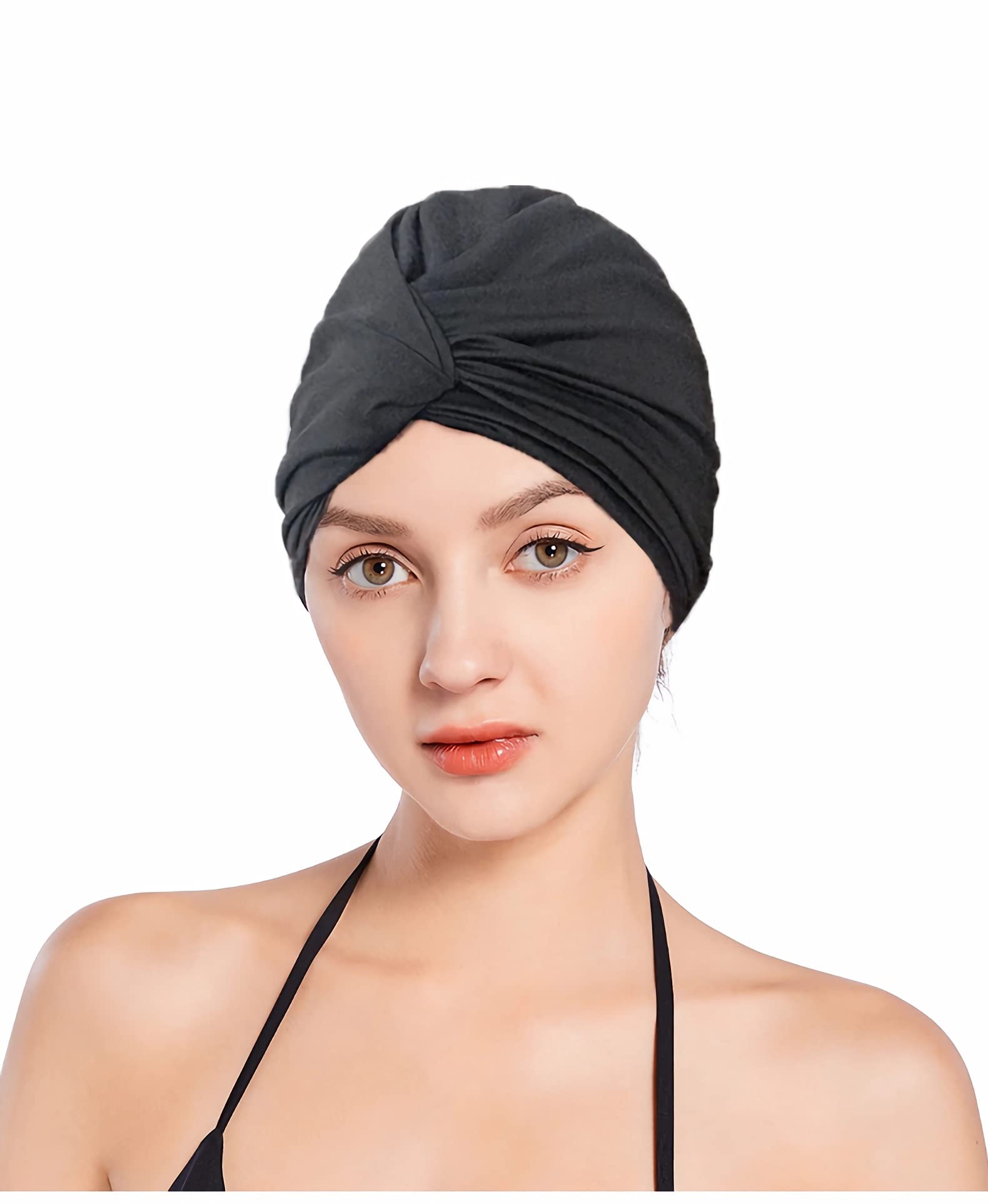Fabric Swimming Cap Women Pleated Swimming Hat for Long Hair Chemo Cap Turban Hat Cancer Headwear for Hair Loss Soft Stretch Beanies Sleep Cap Bathing Shower Hats for Swim Pool