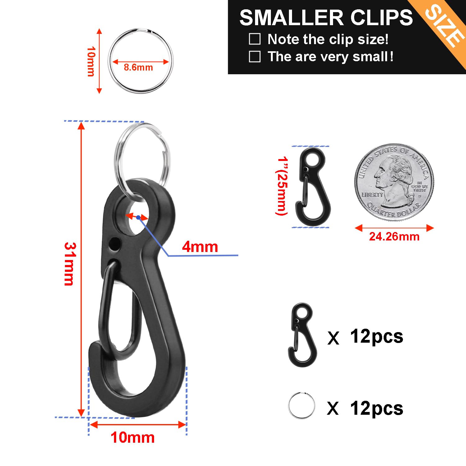 CooBigo 12 Sets Small Carabiner Clip Metal Spring Snap Hooks 1 inch Mini Paracord Hanging Clips for Camera Strap, Flashlight, Key Chain(25mm, 3 Colors)