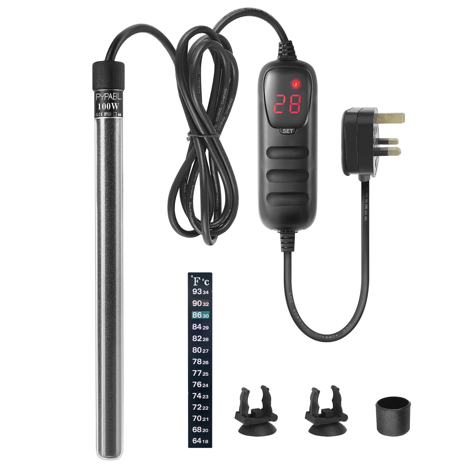 PYPABL Mini Submersible Fish Tank Heater 25W 50W 100W, Small Aquarium Heater for Fish and Turtle Tank 3-100L with External Temperature Controller (100W for 35-100L)