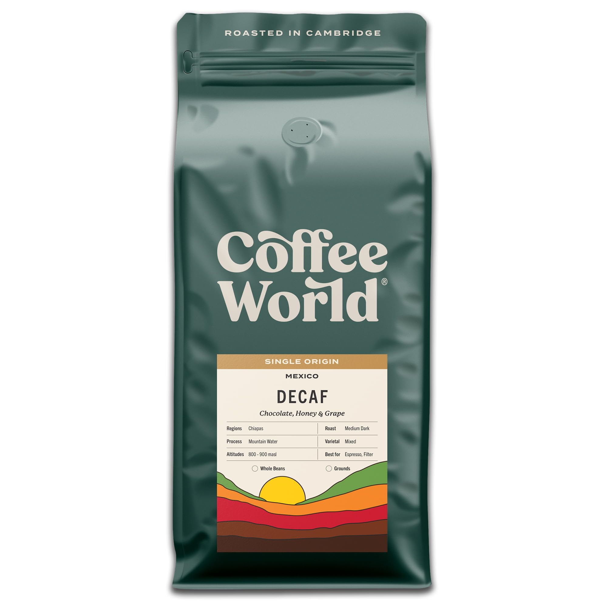 Coffee World, Mexico Decaf Single Origin, Roasted in Cambridge, Whole Coffee Beans, Retail Bag (1kg)