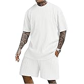 GORGLITTER Men's Vacation Beach Outfits Textured Short Sleeve Tee and Shorts Sets Tracksuit