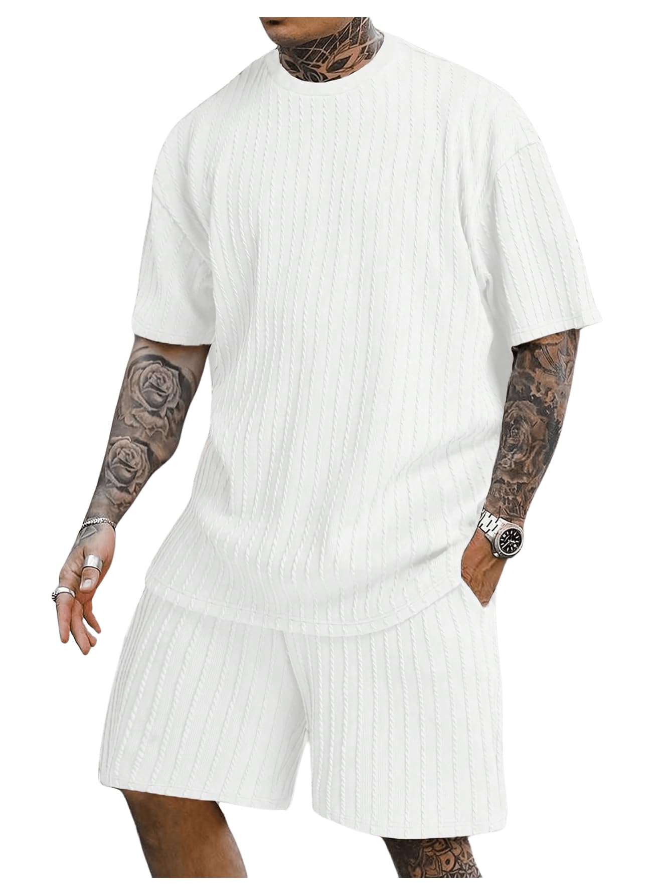 RoseSeek Men's 2 Piece Outfits Textured Drop
