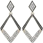 Antique Retro Art Deco Vintage Gatsby Flapper Style Onyx Jet Black Clear Rhinestone Geometric Dangle Earrings