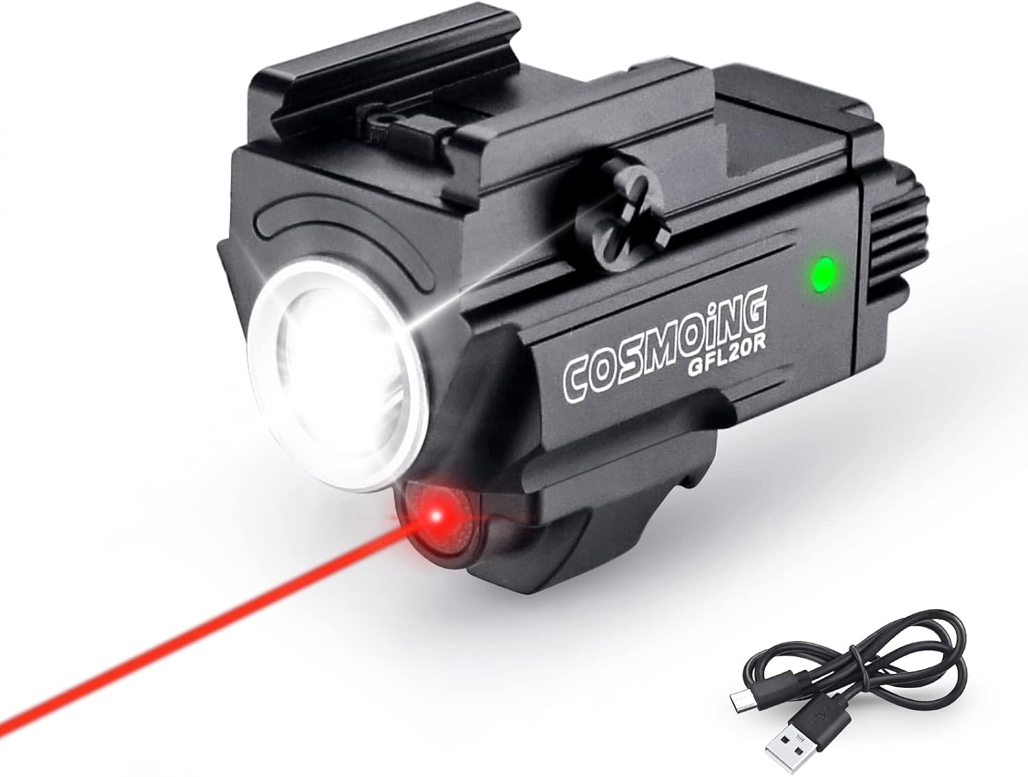 COSMOING Red Laser Light Combo, 800 Lumen USB Rechargeable Gun Flashlight Laser Sight Combo with Strobe Function for Pistol Handgun Rifles with Picatinny Rail Mount