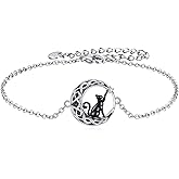 VONALA Moon Cat Bracelet for Women 925 Sterling Silver Black Cat Jewelry Crystal Cat Gifts for Cat Lover