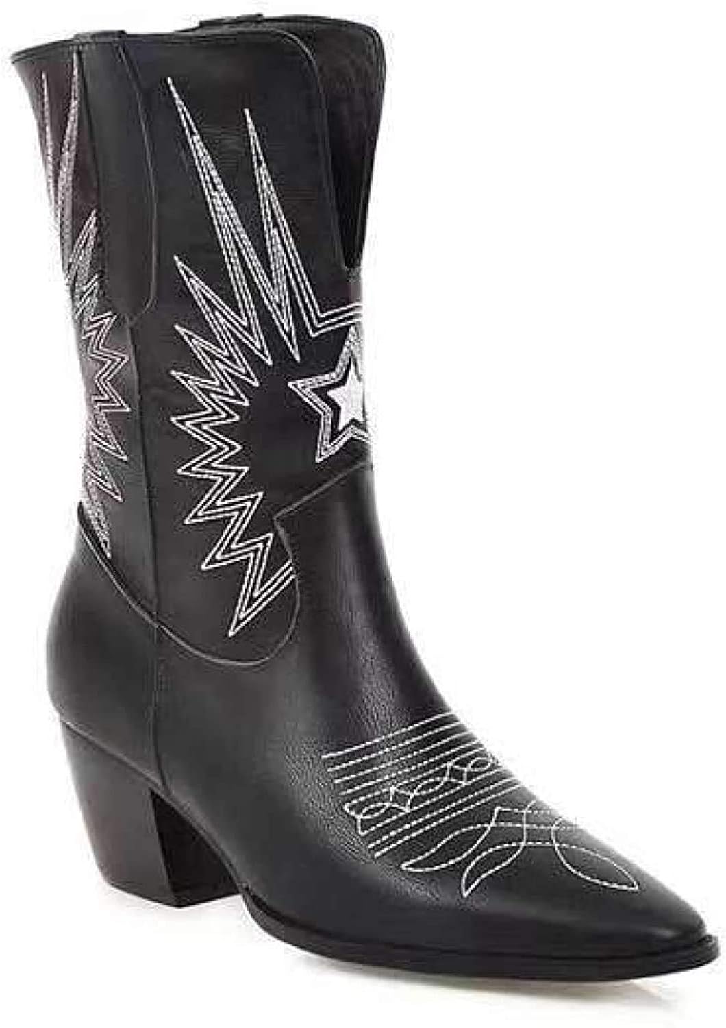 Women's Pointed Toe Western Cowboy Boots Chunky Block Heel Classic