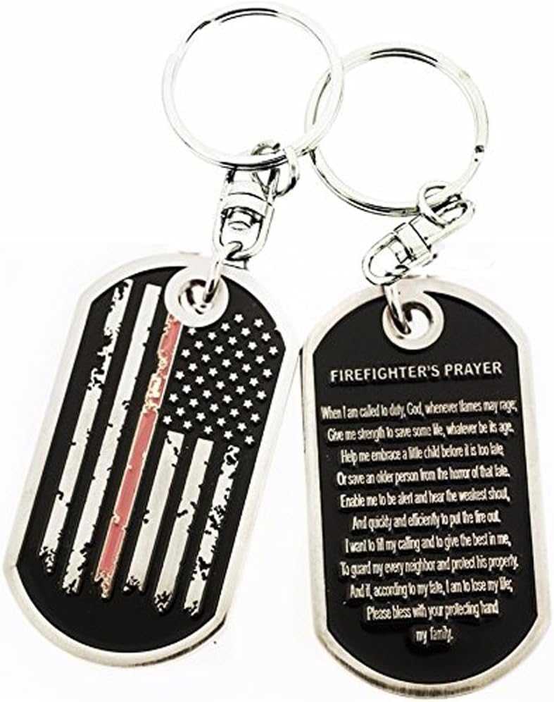 Thin Red Line Distressed American Flag Firefighter's Prayer Dog Tag Key Chain