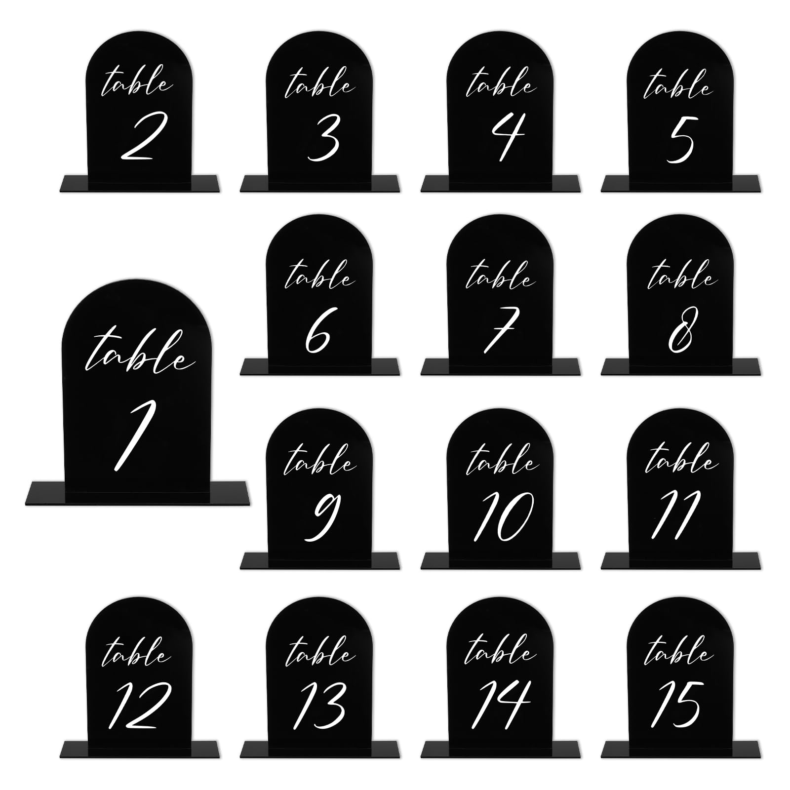 PATIKIL Wedding Table Numbers 1-15, 6"x4" Acrylic Display Signs and Holders for Weddings Receptions with Stands Parties Events Centerpiece, Black Background White Text