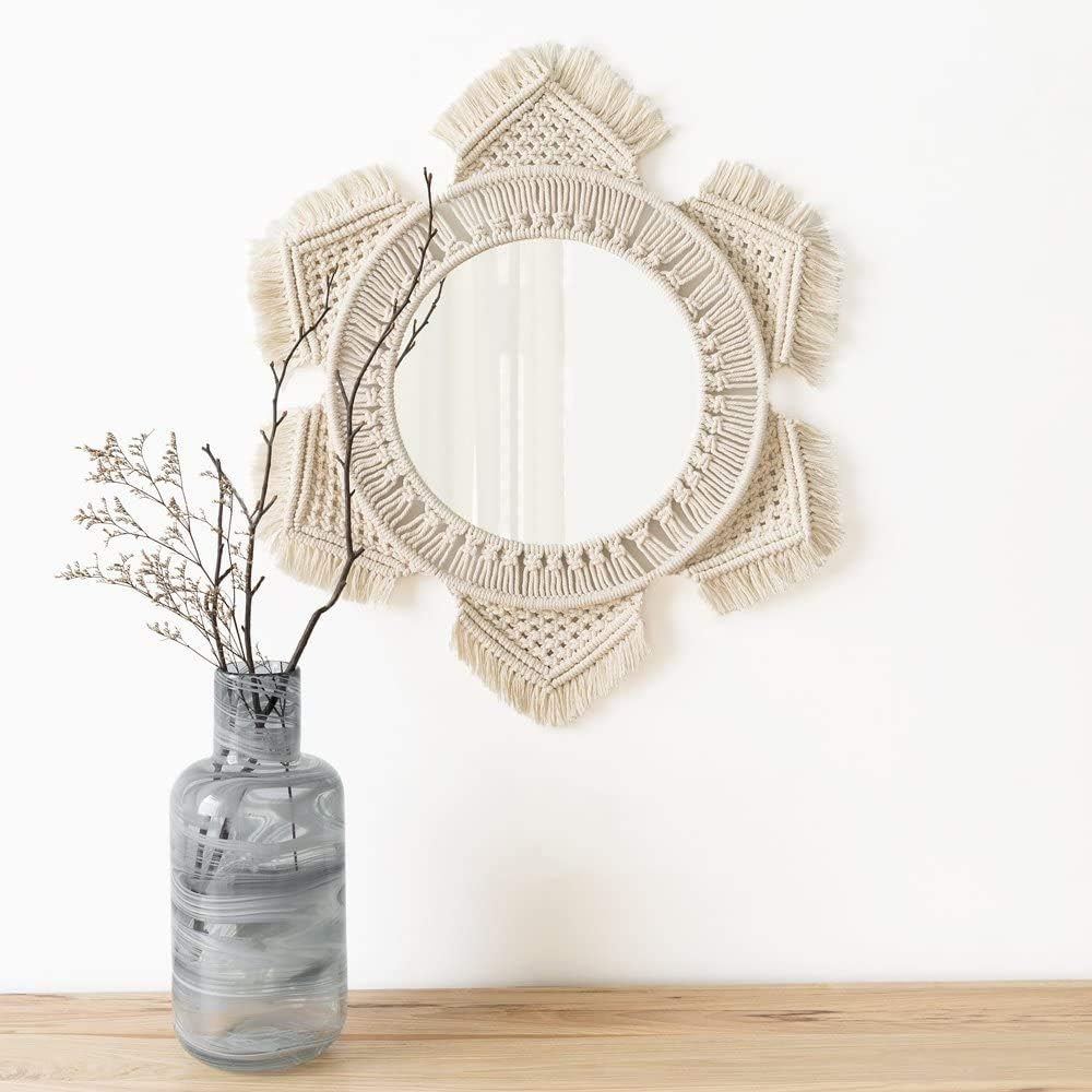 Mkono Hanging Wall Mirror with Macrame Fringe Round Boho Mirror Art Decor for Apartment Living Room Bedroom Baby Nursery Dorm Entryways, Ivory: Kitchen & Dining