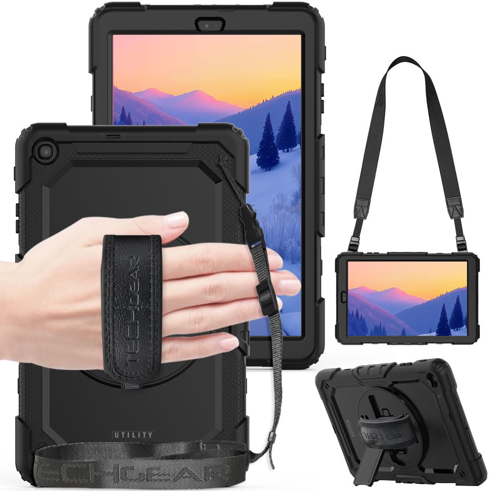TECHGEAR UTILITY Case fits New Samsung Galaxy Tab A 10.1" 2019 (SM-T510 / SM-T515) Tough Rugged HEAVY DUTY Armour Shockproof Case with 360 Rotating Stand, Hand Strap and Shoulder Strap - Black