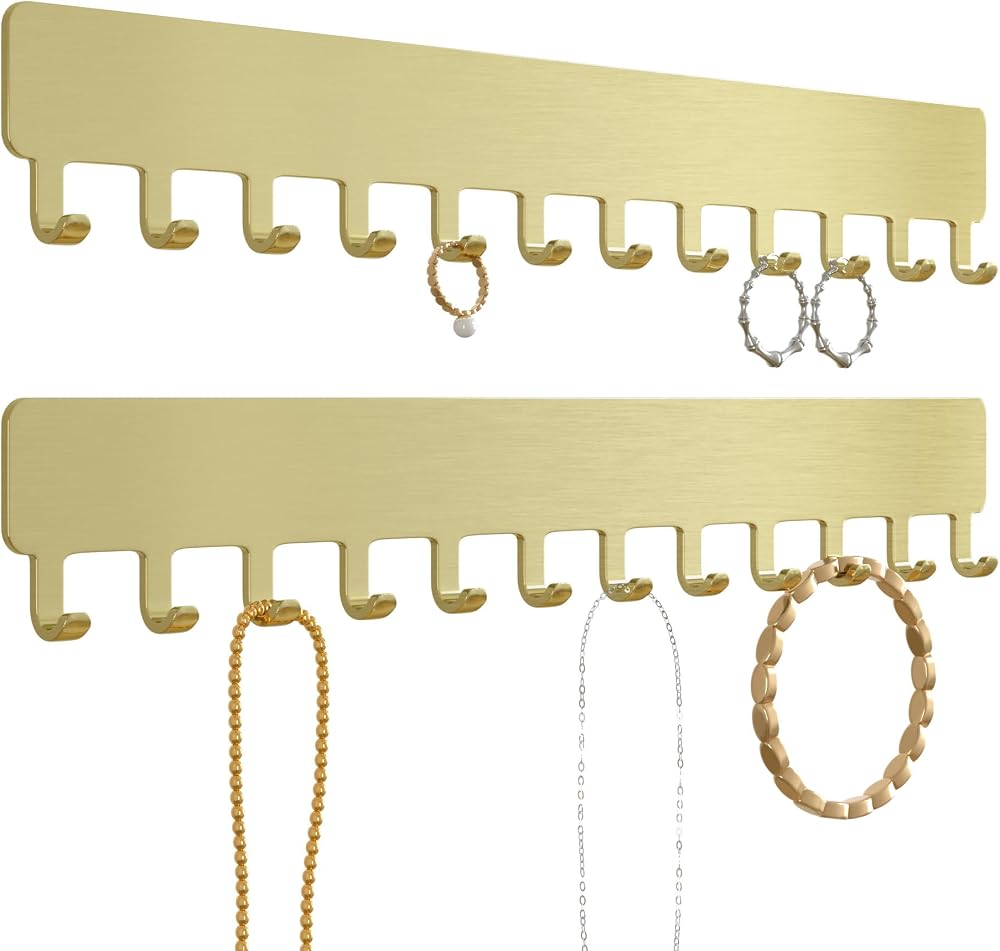 Josmimic Wall Necklace Organizer Holder Gold 2 Pack Wall Mounted Jewelry Display