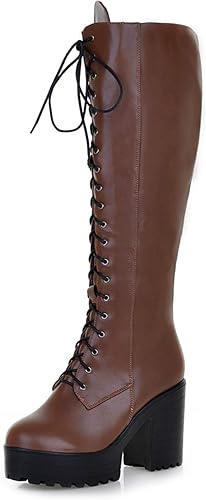 Amazon Vandroup レディース ブーツ ロングブーツ エンジニアブーツ 太ヒール 10cmヒール 美脚 厚底 ジョッキーブーツ 歩きやすい 長時間 疲れない 編み上げブーツ レースアップ サイドジップ コスプレ靴 細身 筒細め 高筒ブーツ Vandroup ブーツ ブーティ
