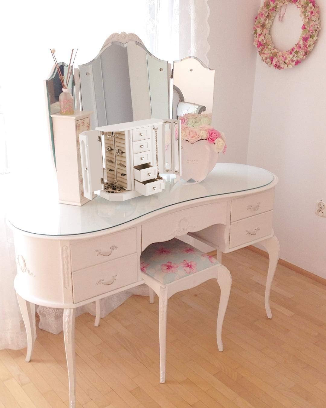 RR ROUND RICH DESIGN Jewelry Box - Made of Solid Wood with Cabinet Type 5 Drawers Organizer and 2 Separated Open Doors on 2 Sides and Large Mirror White: Home & Kitchen