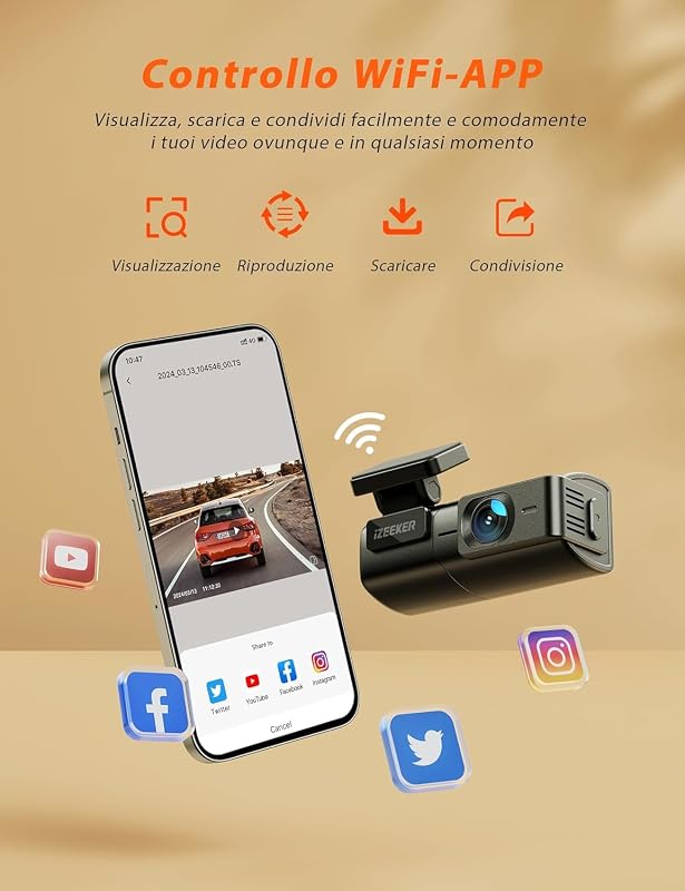 iD240 Dash Cam Auto 2.5K WiFi, WDR, Modalità Parcheggio