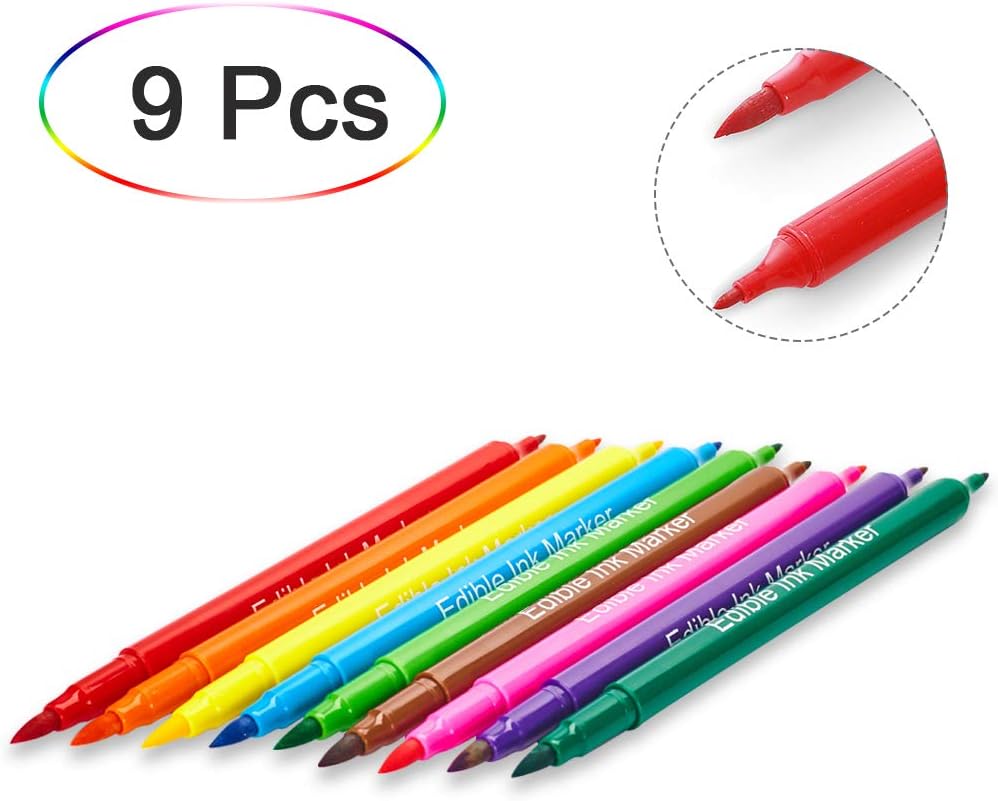 Food coloring Markers Pens 9Pcs Double Sided Food Grade for DIY Fondant,Cakes, Cookies, Frosting, Easter Eggs Decorating Painting Drawing Writing Edible Ink Colors