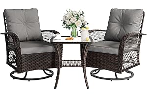 VONZOY 3 Pieces Patio Furniture Set, Outdoor Swivel Glider Rocker, Wicker Patio Bistro Set with Rocking Chair, Thickened Cushions and Table for Porch (Grey)