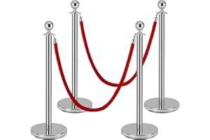Berverra 4 Pack Silver Stanchion Posts, Stanchions and Velvet Ropes, Queue Barrier Line Divider with Fillable Plastic Base for Sand or Water, Suits for Airport,Parties,Grand Opening,Casino,Bank