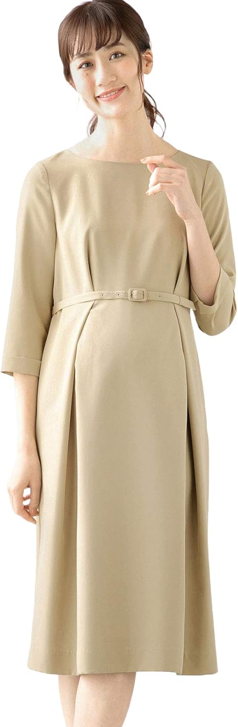 ANGELIEBE エンジェリーベ マタニティ 授乳口付 タックベルテッド ワンピース 産前産後 授乳服 フォーマル お宮参り S～M ベージュ 22949801