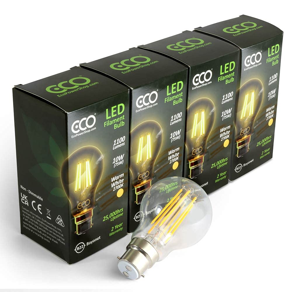 ECO 75W Energy Saving Light Bulb, Low Energy 10W LED Filaments, Bright 1100 Lumen, Clear Glass, Warm White (2700K), B22 Standard UK 2 pin Bayonet, 25000Hrs Lifetime. (4xPACK)