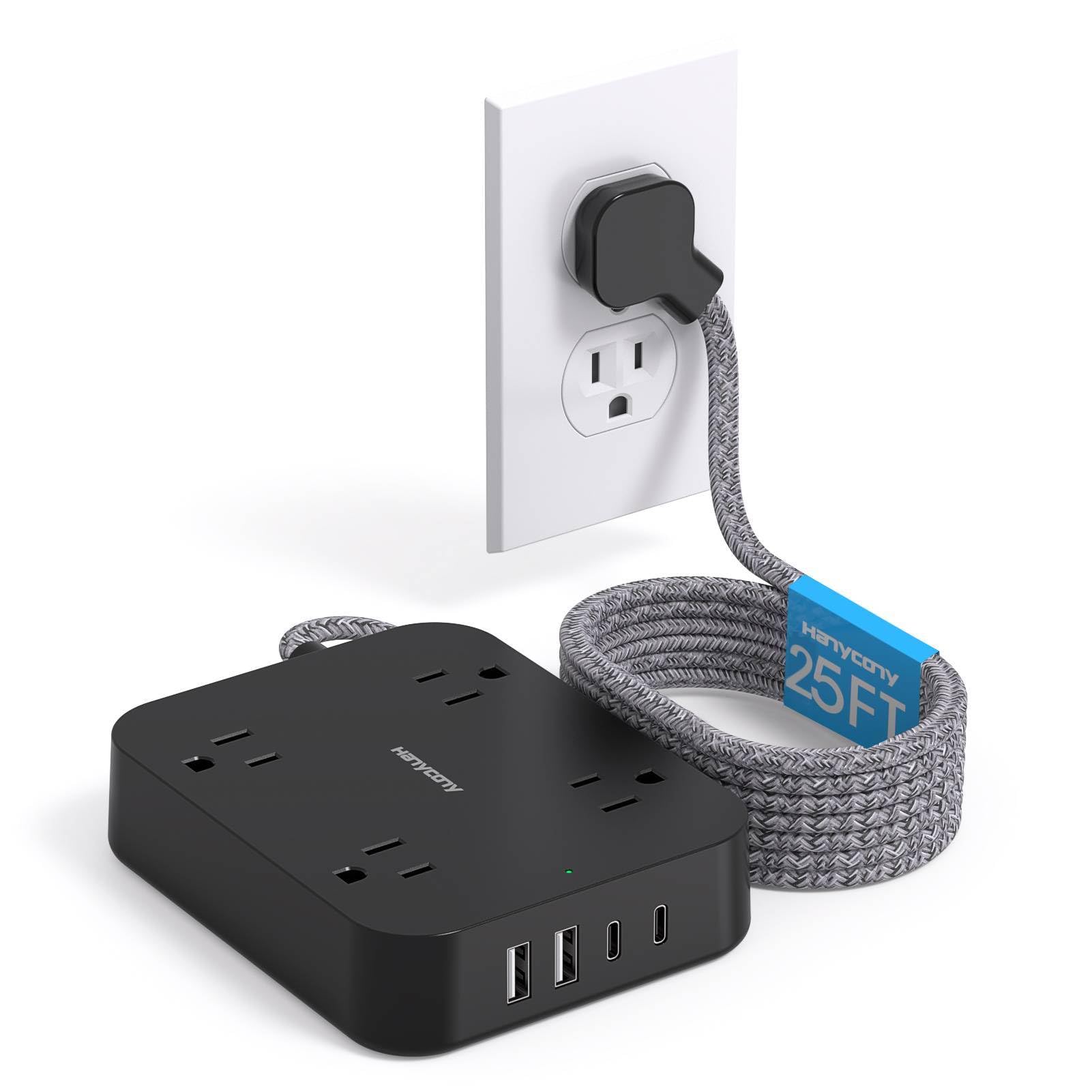 Photo 1 of Black Extension Cord 25 Ft, HANYCONY Ultra Thin Flat Plug Power Strip with 4 Outlets 4 USB Ports (2 USB C), Wall Mount, Desk Charging Station for Office, School, Travel and Dorm Room Essentials