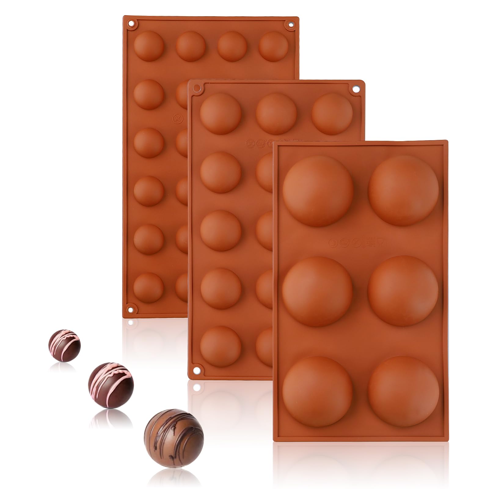 3 Pcs Half Round Semicircle Chocolate Mould - Hemispherical Silicone Mould, Baking Moulds for Making Chocolate (6 Cups, 15 Cups & 24 Cups)