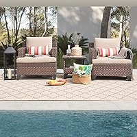 SUNSITT All Weather Woven Deluxe 3-Piece Chat Set Lounge Chairs and Side Table w/Aluminum Top, Neutral Beige Olefin Fabric Cushions & Brown Wicker