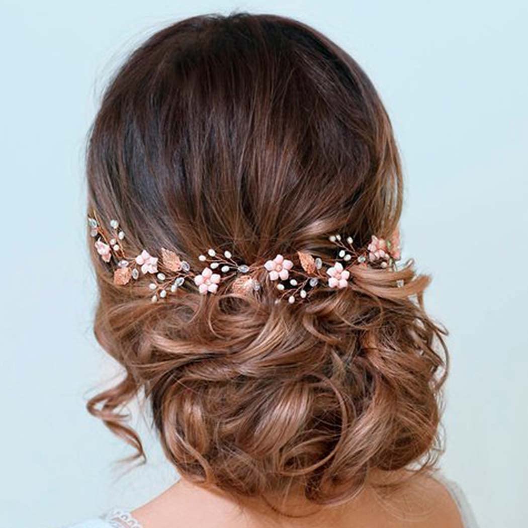 Handcess Flower Hair Vine Bride Wedding Rhinestone Hair Pieces Leaf Bridal Hair Accessoreies for Women (Rose Gold)