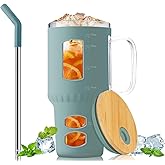 Salpae Glass Water Tumbler with Straw and Lid, 32 oz Water Bottle with Handle,Bamboo Lid & Stainless Steel Straw, Portable for Car Holder, Office, Outdoor, Gym