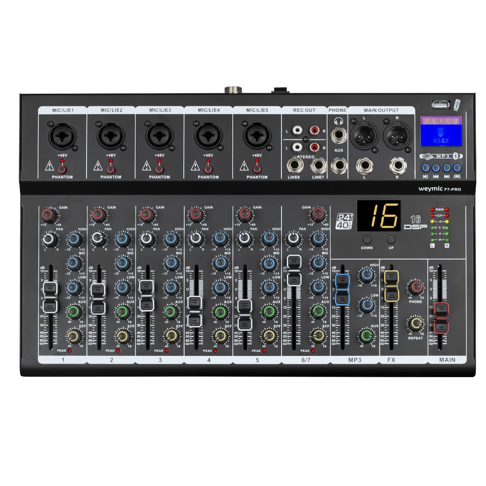 Weymic F7-Pro Professional Mixer | 7-Channel 2-Bus Mixer/w USB Audio Interface for Recording DJ Stage Karaoke Music Application